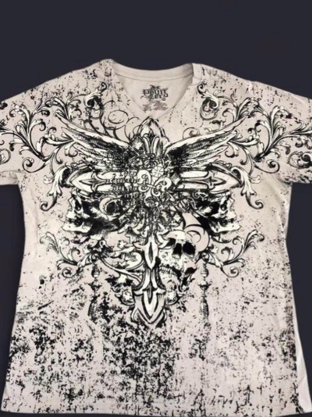Affliction White V-Neck Tee with Black Ornate Skull and Wing Graphic
